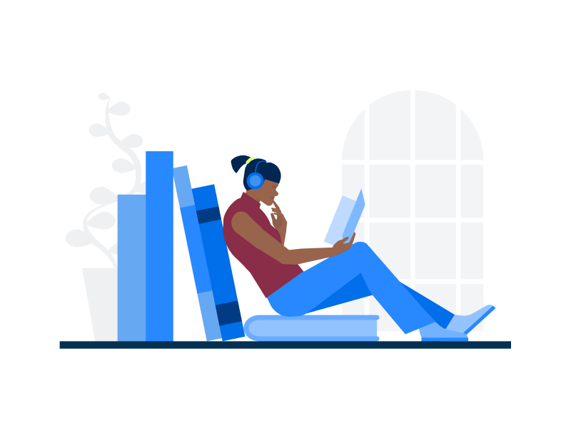 Illustration Digitale Weiterbildung Empfehlungen, eine Frau mit Kopfhörern liest ein Buch und lehnt sich an anderen großen Büchern an.